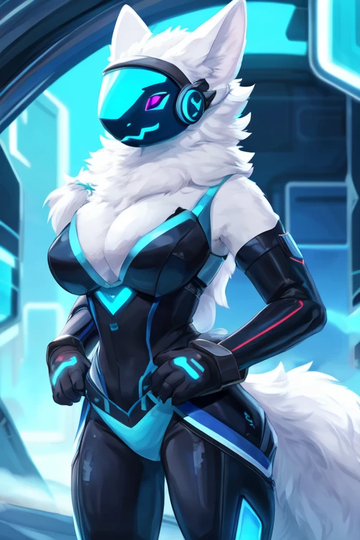 8k, 4k, Detailed, High quality, furry, female, mature female, by buta99, arctic protogen, long visor, blue visor, tuft neck, fluffy tail, sexy body, futuristic assasin clothing