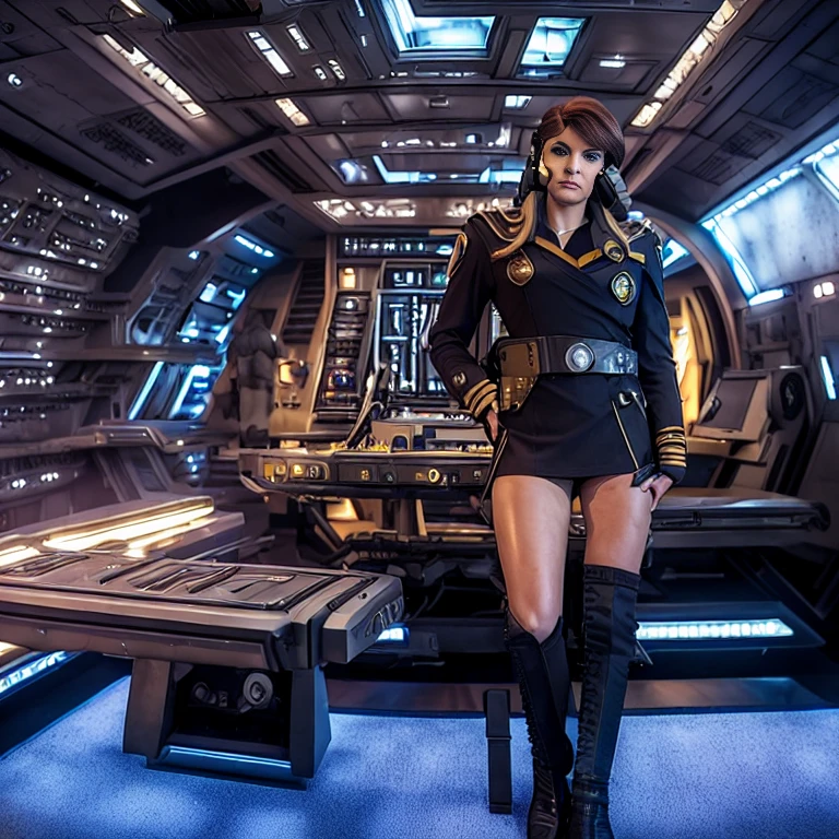 Female Starship Enterprise Officer sits in the command chair of her command station. Short tight uniform dress with deep V-neck, ((Starship Enterprise insignia on the chest: 1.3)), communicates with a headset, make up, boots, painted fingernails, (phaser weapon on a belt: 1.2), cheeky uniform, (Starship Enterprise Bridge: 1.4), ((Legs crossed: 1.5)) (Full Person: 1.4), Strong Make Up, long lashes
