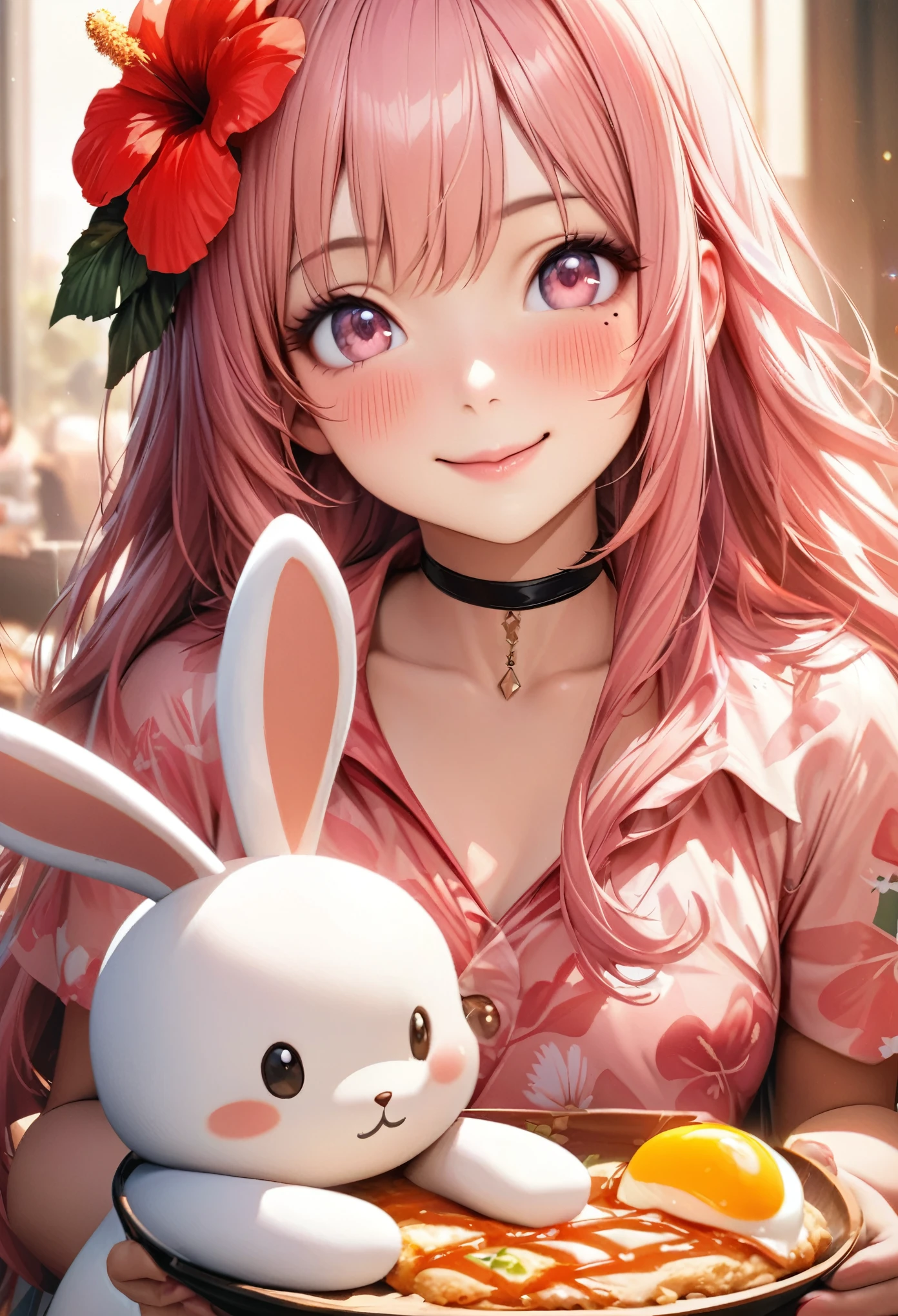 masterpiece, higst quality, highly detailed, high resolution, an high resolution, high resolution, 4k, 8k, unity 8k wallpaper, highly detailed cg, masterpiece, realistic, beautiful detail, depth, fine texture, hig hisst st quality: 1.3, total concentration, crisp skin, him, very cute anime, cute like an idol, tall pink long hair, one girl, Hawaiian dress,With the stuffed rabbit, greeting, hibiscus hair accessory, smile,morning、breakfast、 long pink hair, whole body , Mole under his eye, line sight, high, blush, lips parted, he art, pink eyes, choker