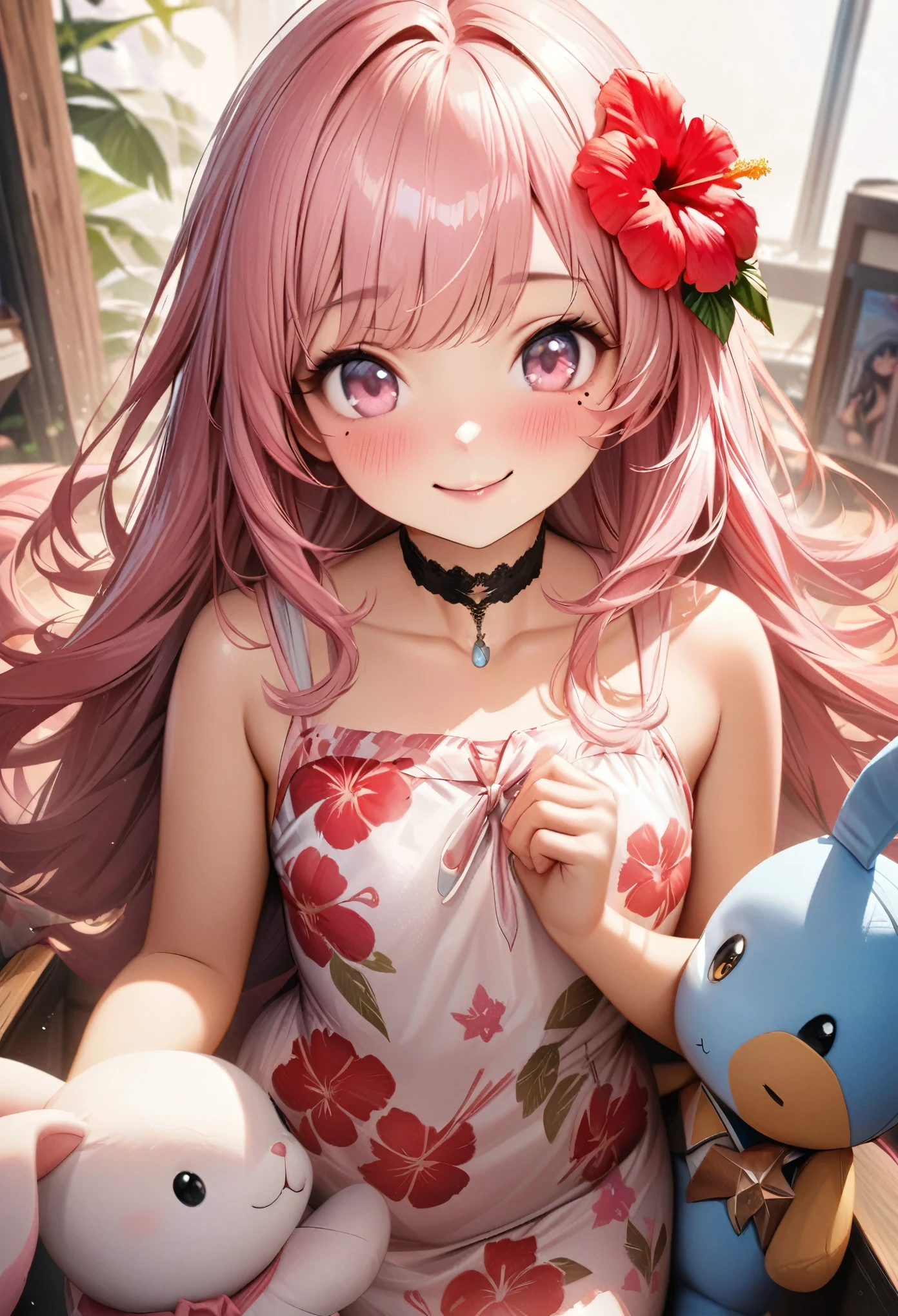 masterpiece, higst quality, highly detailed, high resolution, an high resolution, high resolution, 4k, 8k, unity 8k wallpaper, highly detailed cg, masterpiece, realistic, beautiful detail, depth, fine texture, hig hisst st quality: 1.3, total concentration, crisp skin, him, very cute anime, cute like an idol, tall pink long hair, one girl, Hawaiian dress,With the stuffed rabbit, greeting, hibiscus hair accessory, smile,morning、breakfast、 long pink hair, whole body , Mole under his eye, line sight, high, blush, lips parted, he art, pink eyes, choker