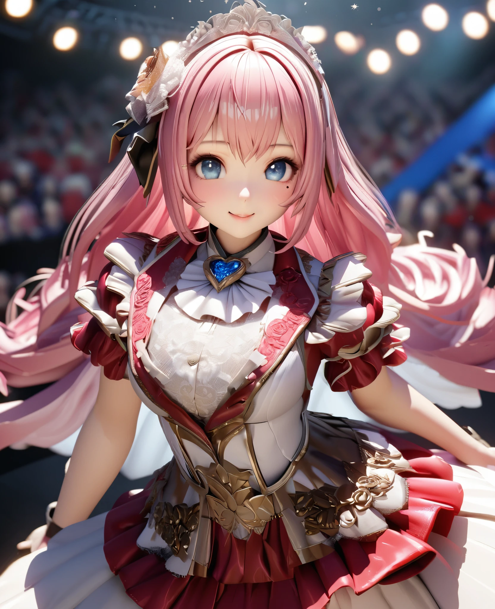 One Girl、Looking at the audience、
Beautiful Blue Eyes、Long pink  hair、Mole under the eye、Plump and glossy lips、Heart-shaped choca、Idol、smile、ー、。.。.。.。.。.。.。.。.。.。.。.。.。.。.。.。.。.。.3D、Realistic、
Princess dress with too many frills、Short skirt、Drape clothes、gem、The decoration has been removed、Floral、Lace trim、bright stage、
masterpiece、highest quality、8k、Detailed skin texture、Detailed cloth texture、Beautifully detailed face、Intricate details、Very detailed、
超A high resolution、8K Ultra HD、Film Grain、Best Shadow、delicate、Staring at the audience、front