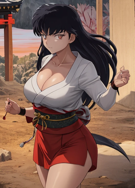 masterpiece, best quality, Kagome Higurashi, 25 years old, matured face, beautiful detailed eyes, ultra detailed eyes, extremely detailed face, large breasts, cleavage, very busty, big hips, strong muscles, athletic physique, She stands tall while wearing a short red kimono. she's looking directly at the camera with an confident smirk. Her gaze is both alluring and fierce, as she practices martial arts moves. cowboy shot, Perfect Anatomy,(Professional Lighting), 4k textures, epic artistic, sharp focus, even lighting, insane details, intricate details, hyperdetailed, rich colors, BREAK Outdoors, temple, Japanese architecture, the view of the mountains
