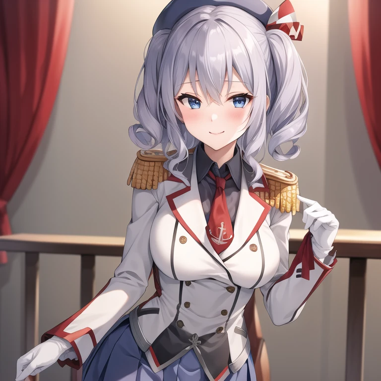 (masterpiece, best quality:1.2),Evil Smile,One hand touched her chest,illustration,8k,HD,1 Girl,Solitary,Upper Body,portrait,blush,Gray hair,blue eyes,curls,Double tail,Crane plum,Berets,Epaulettes,Ruffled sleeves,jacket,Large Breasts,Long sleeve,,mini skirt,Pleated Skirt,Red necktie,White gloves,anchor,