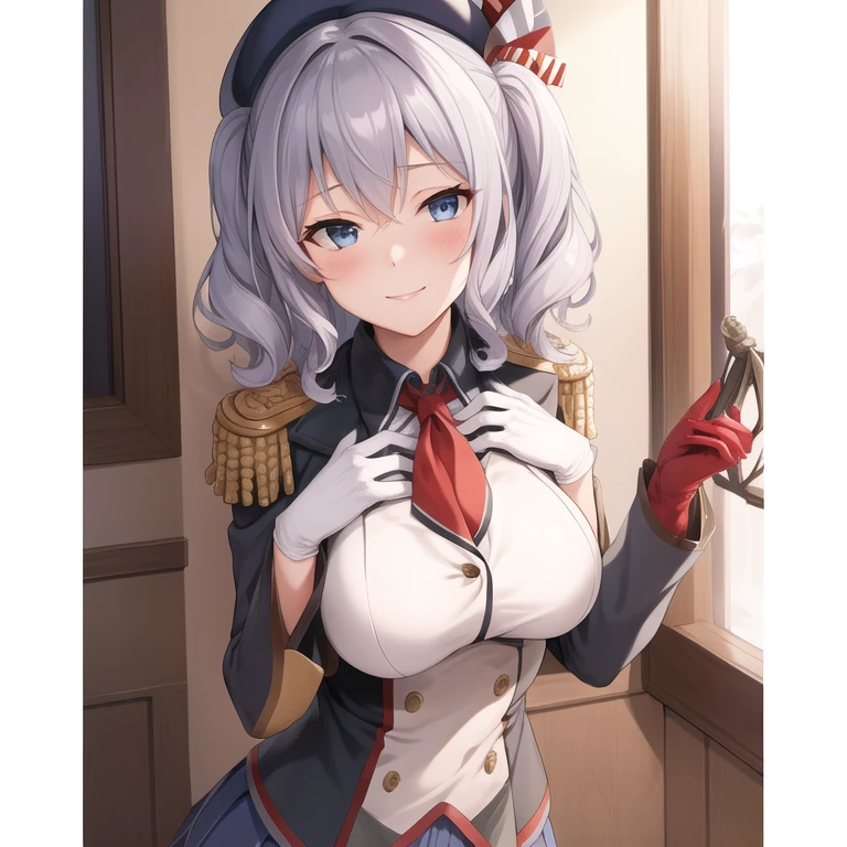 (masterpiece, best quality:1.2),Evil Smile,One hand touched her chest,illustration,8k,HD,1 Girl,Solitary,Upper Body,portrait,blush,Gray hair,blue eyes,curls,Double tail,Crane plum,Berets,Epaulettes,Ruffled sleeves,jacket,Large Breasts,Long sleeve,,mini skirt,Pleated Skirt,Red necktie,White gloves,anchor,