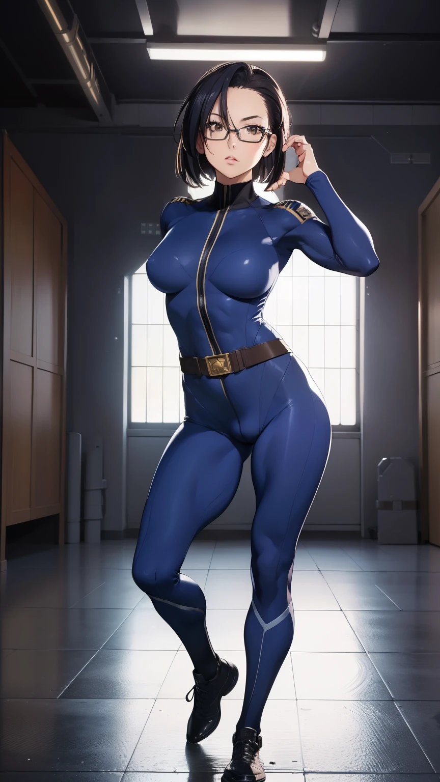 8k, (full body shot:1.3), (vibrant shadows), detailed eyes, full height, (high quality), high detailed background, (realistic shadows), HD shadows, masterpiece, high detailed face, high detailed finger, older girl, (glasses:1.2), (dark blue hair:1.3), (huge ahoge:1.2), (big yellow eyes:1.3), (disheveled short hair:1.3), bobcut, (skinny body:1.2), (slim waist), (narrow hips:1.1), (slim and fit legs:1.3), (realistic style), curvy, fake lips, tight microdress, fakebreasts