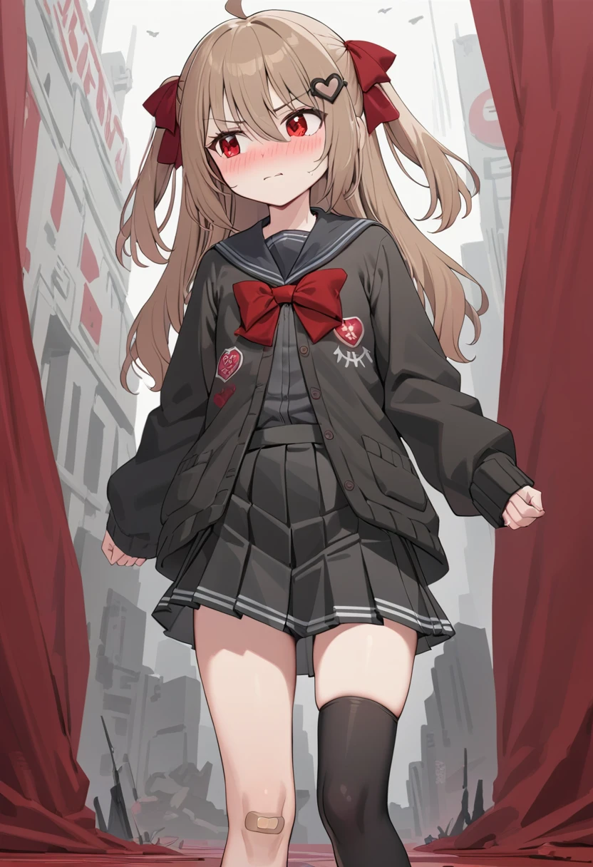 1girl, evil neuro-sama, red eyes, light brown hair, ahoge, two side up, hair ribbon, dark red ribbon, heart hair ornament, black cardigan, open cardigan, black sailor collar, long sleeves, red bow, black skirt, pleated skirt, asymmetrical legwear, black thighhighs, black kneehighs, bandaid on knee, grey footwear, loafers, (masterpiece, best quality), highly detailed, finely detailed, blushing, shy, looking away