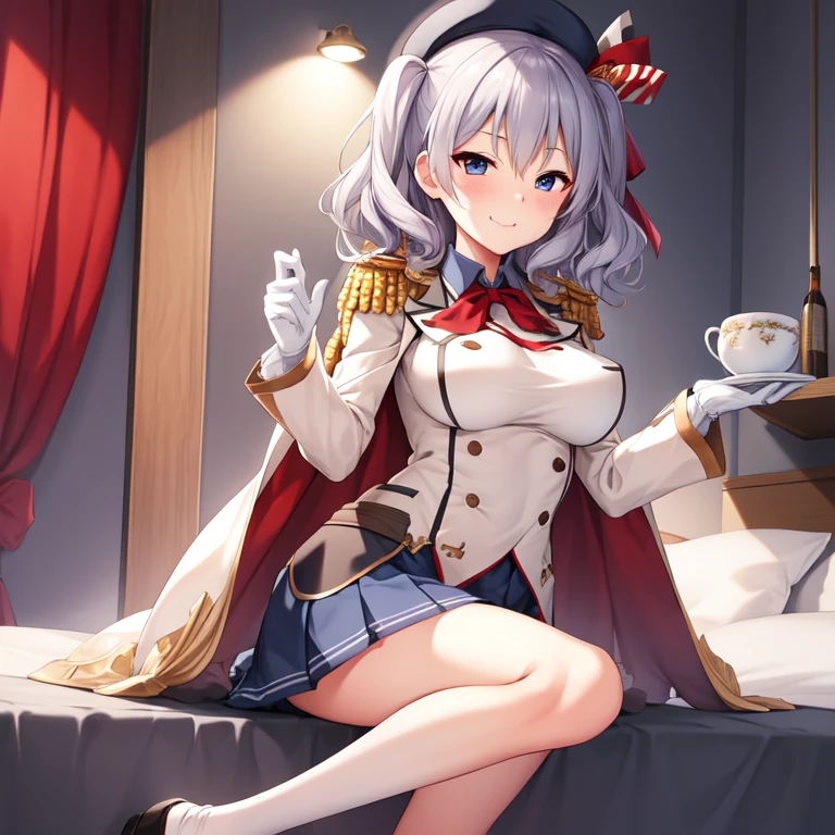 (masterpiece, best quality:1.2),Smirk,One hand touched his chest,illustration,8k,HD,1 Girl,Solitary,portrait,blush,Gray hair,blue eyes,curls,Double tail,Crane plum,Berets,Epaulettes,Ruffled sleeves,jacket,Large Breasts,Long sleeve,,mini skirt,Pleated Skirt,Red tie,White gloves,anchor,