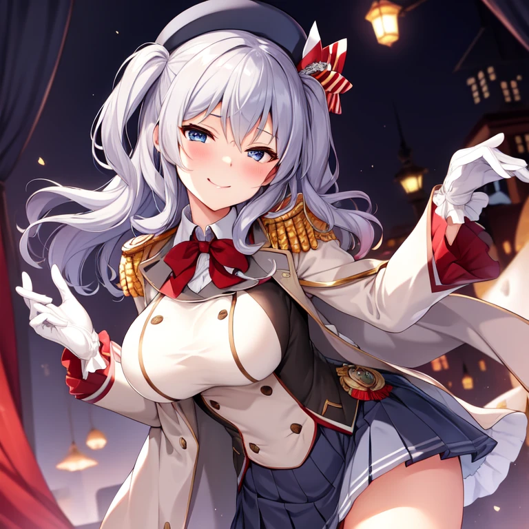 (masterpiece, best quality:1.2),Smirk,One hand touched his chest,illustration,8k,HD,1 Girl,Solitary,portrait,blush,Gray hair,blue eyes,curls,Double tail,Crane plum,Berets,Epaulettes,Ruffled sleeves,jacket,Large Breasts,Long sleeve,,mini skirt,Pleated Skirt,Red tie,White gloves,anchor,