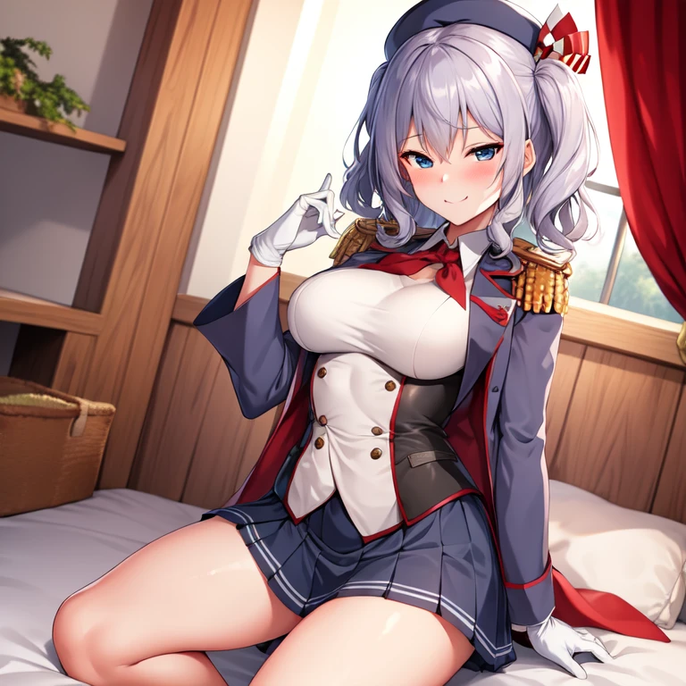 (masterpiece, best quality:1.2),Smirk,One hand touched his chest,illustration,8k,HD,1 Girl,Solitary,portrait,blush,Gray hair,blue eyes,curls,Double tail,Crane plum,Berets,Epaulettes,Ruffled sleeves,jacket,Large Breasts,Long sleeve,,mini skirt,Pleated Skirt,Red tie,White gloves,anchor,