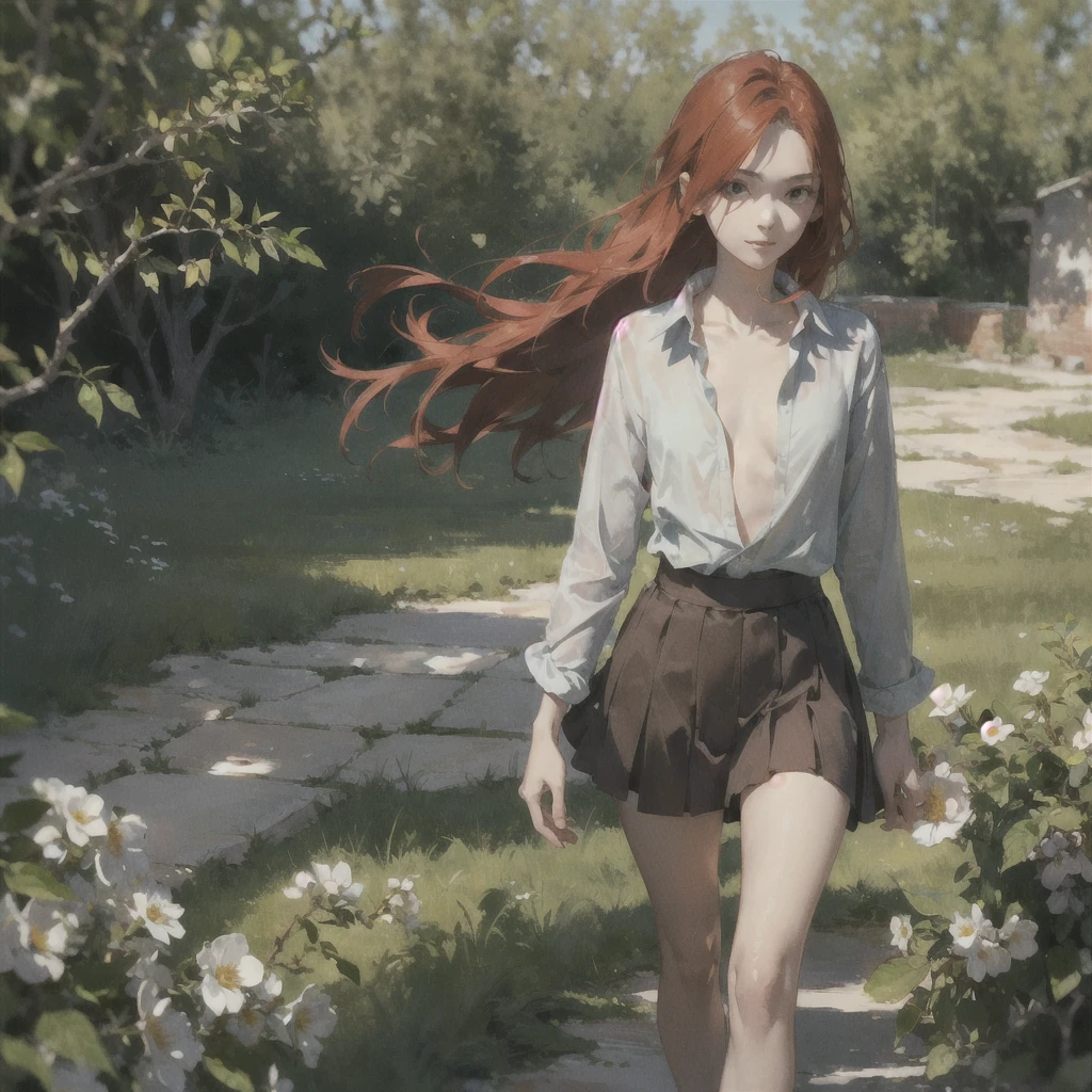 Beautiful slender thin exquisite (nude) girl 16 years old with a perfect face of the southern type with red hair with tender breasts with tender nipples barefoot with bare hips ((with red pubic hairs)) ((in an unbuttoned light shirt over a naked body and a short skirt)) walks along a brick road in the middle of a flowering field, in a gentle watercolor style, Discreet shades, sfumato, haze, diffused dim light, delicate mint shades, imitation of film photography, (olive and grape groves, Brick Road)