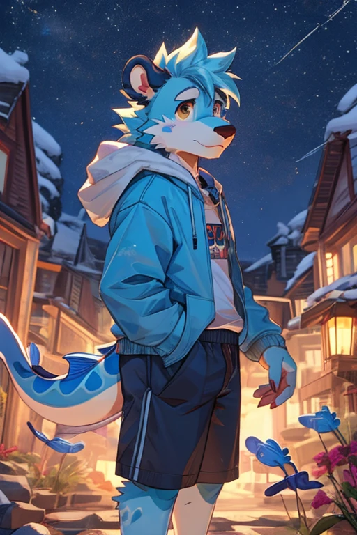 blue cartoon seabear, blue koi tail, blue cowlick, furry anthro, blue hoodie, boxers
