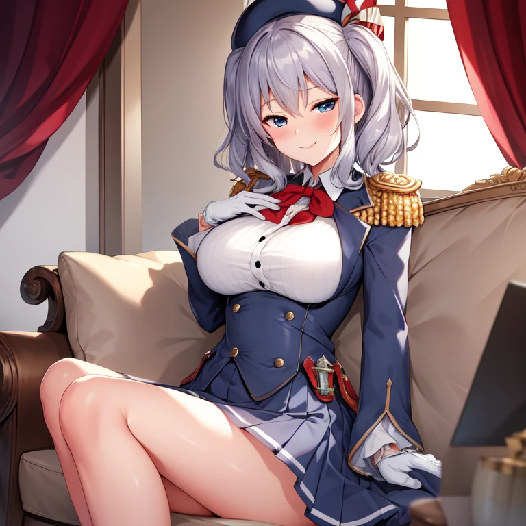 (masterpiece, best quality:1.2),Smirk,One hand touched his chest,illustration,8k,HD,1 Girl,Solitary,portrait,blush,Gray hair,blue eyes,curls,Double tail,Crane plum,Berets,Epaulettes,Ruffled sleeves,jacket,Large Breasts,Long sleeve,,mini skirt,Pleated Skirt,Red tie,White gloves,anchor,