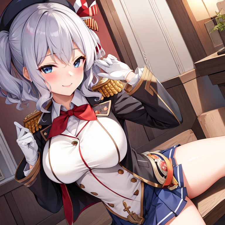 (masterpiece, best quality:1.2),Evil Smile,One hand touched her chest,illustration,8k,HD,1 Girl,Solitary,Upper Body,portrait,blush,Gray hair,blue eyes,curls,Double tail,Crane plum,Berets,Epaulettes,Ruffled sleeves,jacket,Large Breasts,Long sleeve,,mini skirt,Pleated Skirt,Red necktie,White gloves,anchor,