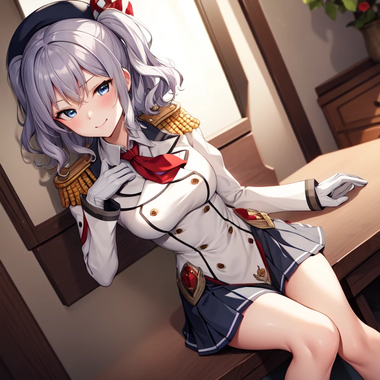 (masterpiece, best quality:1.2),Evil Smile,One hand touched her chest,illustration,8k,HD,1 Girl,Solitary,Upper Body,portrait,blush,Gray hair,blue eyes,curls,Double tail,Crane plum,Berets,Epaulettes,Ruffled sleeves,jacket,Large Breasts,Long sleeve,,mini skirt,Pleated Skirt,Red necktie,White gloves,anchor,