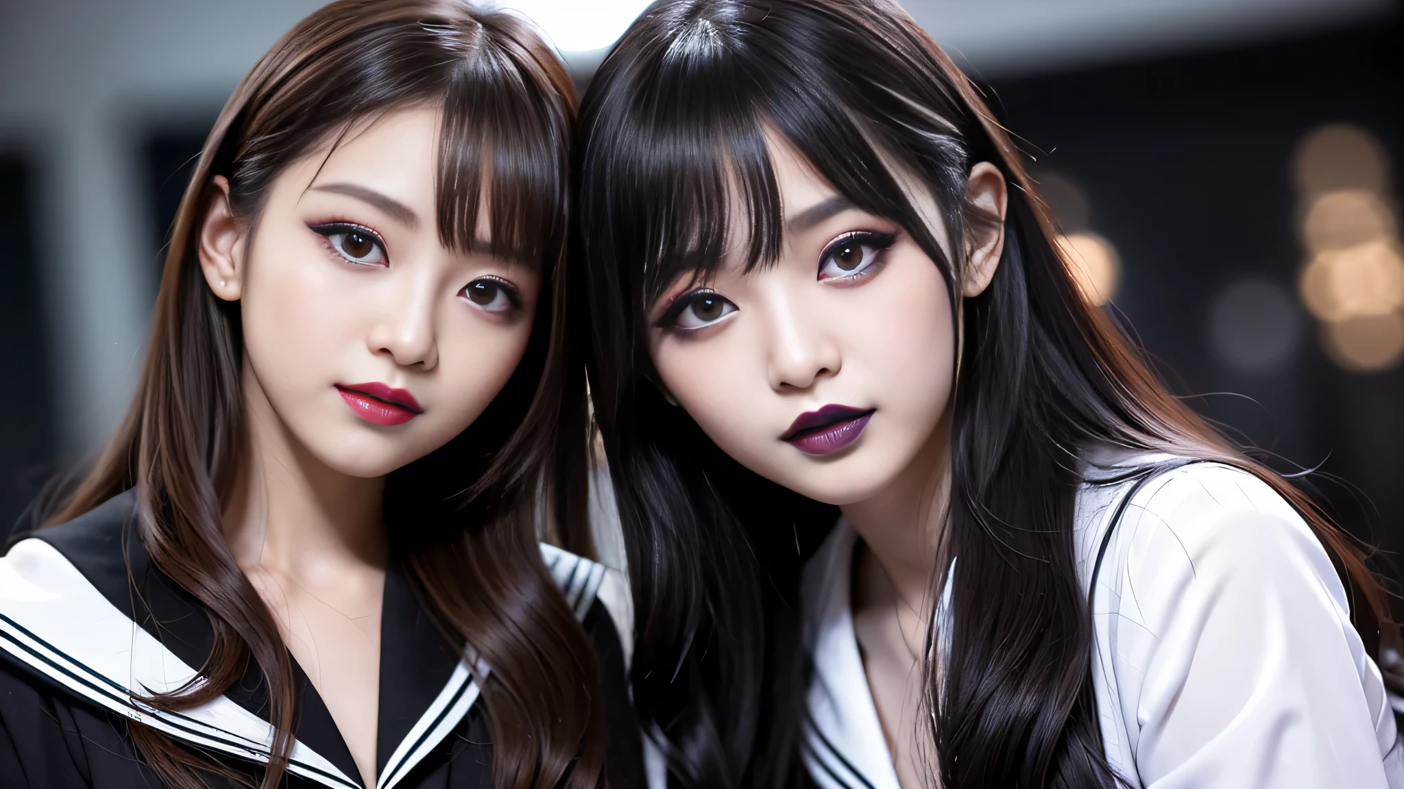 1people、best quality、ultra-detailed、4k、Japanese、Seductive beauty、seductive adult woman、Pretty Woman、cool girl、Villainess、Brainwashed、brainwash、Fallen into evil、smirk、Evil look、Wicked Smile、evil、Brown hair、wavy hair、swept bangs、dark makeup、dark makeup、piercing eyes、hollow eyes,half-closed eyes、Hollow Eyes、purple Eyeshadow、black lipstick、black lipglos、Female student、uniform、Sailor suit、night、inside darkroom、Seduce、Applying lipstick、