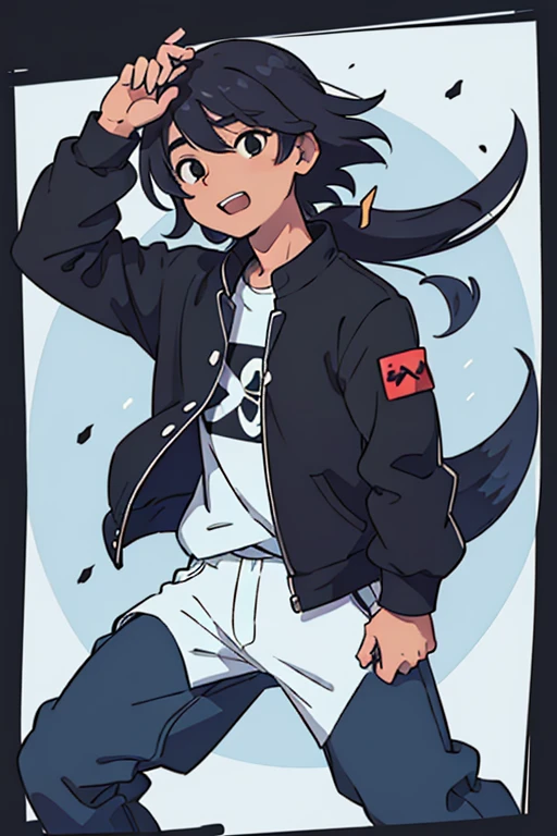 (melhor qualidade:0.8) perfect anime illustration, Um bonito,homen negro feliz com cabelos wof cultt, vestindo um moletom, pants