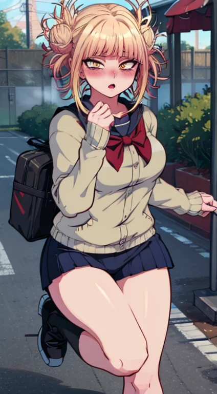 (best quality masterpiece:1.2) 8k, on the street, pee standing, 1girl, big breast, big areola, blonde hair, long hair, multicolored hair, pink glasses, red eyes, jewelry, earrings, piercing, school uniform, white shirt, tied shirt, black choker, blue necktie, micro pleated skirt, no panties, no bra,  black thigh high, thigh gap, smells, LOW angle, medium shots 1:2 , from below, lower view, pubic exposed, blush face, random posed, lewd smile, wet thight.