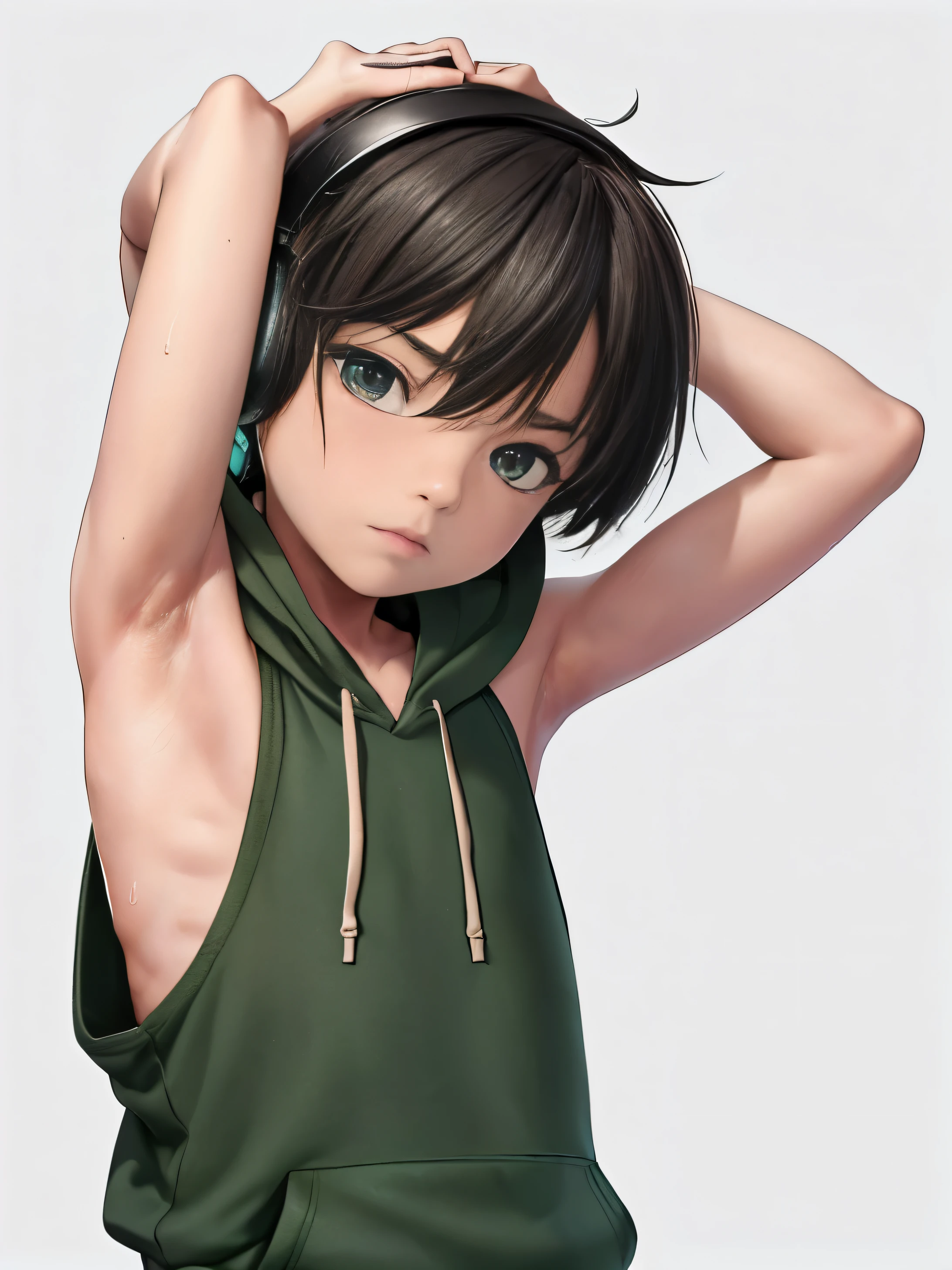 Highres, Masterpiece, Best quality at best,Best Quality,hight quality, hight detailed, 1boy, Shota, Green hoodie, Wearing headset, Sleeveless hoodie, (Small cute armpit), (very young boy), (very small and short body), s, (Showing armpit:1.3), Simple beckground, Little sweat