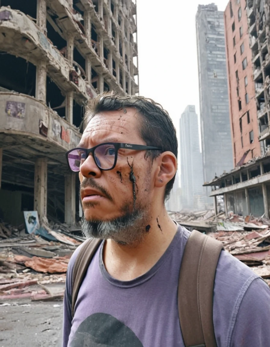 "Capture a realistic photograph inspired by the aesthetic of 'The Last of Us' video game series, depicting a half-body portrait of a man wearing glasses navigating a post-apocalyptic world. He should be dressed in dirty, ragged clothing, with a cloth obscuring his mouth and nose. In the background, showcase (((a futuristic city in ruins))), featuring crumbling skyscrapers, debris-laden streets, and a foreboding sky with shades of purple and orange. Ensure the background is heavily blurred to draw focus to the character. The scene should exude the gritty realism and muted color tones characteristic of 'The Last of Us' series, immersing viewers in the haunting atmosphere of a decaying world.", gutto2024abr 