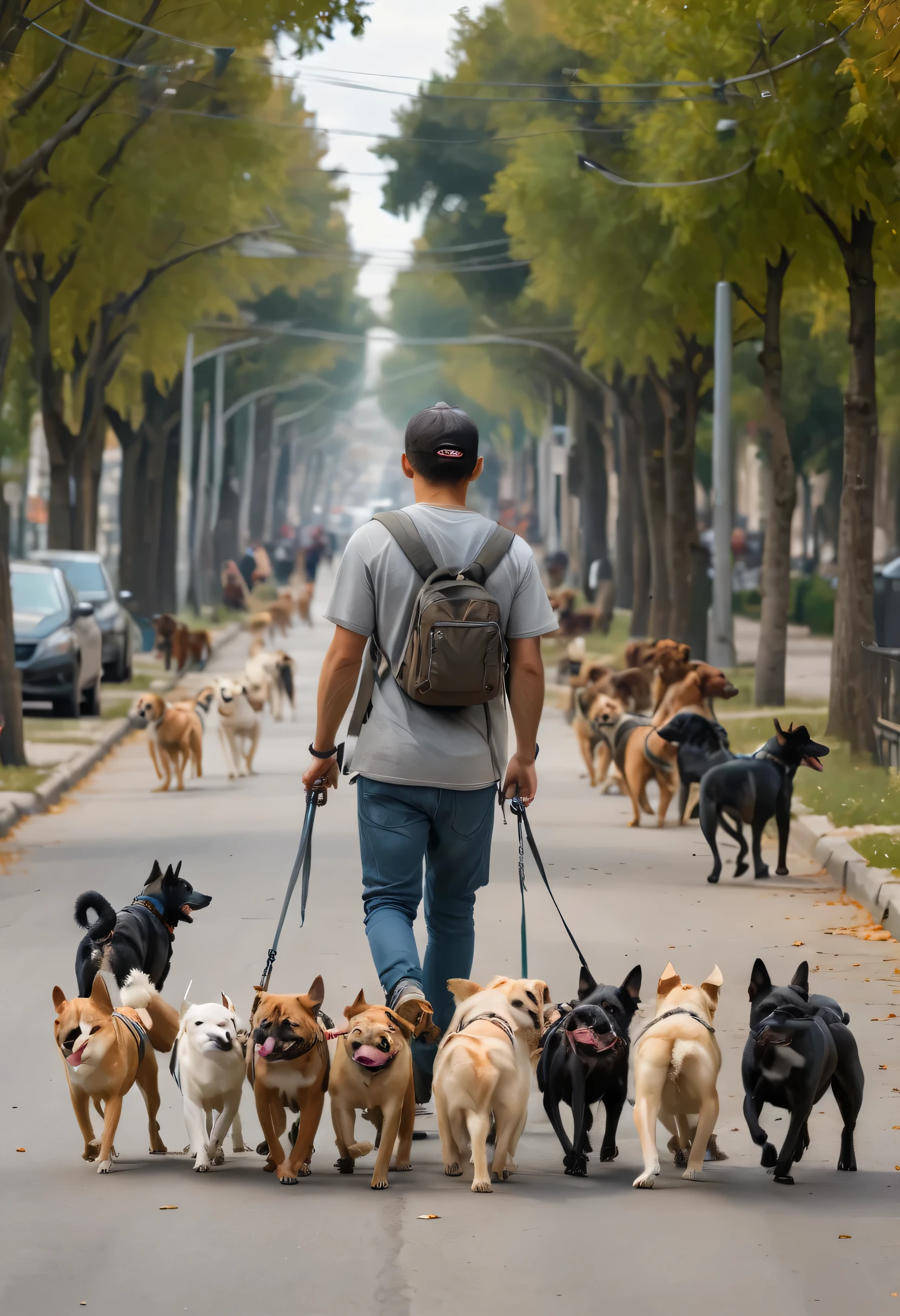 A handsome boy, walking with multiple dogs on an avenue. (best quality,4k,8k,highres,masterpiece:1.2), ultra-detailed, realistic:1.37, vibrant colors, natural lighting, joyful atmosphere, active dogs, stylish boy, comfortable outfit, modern urban setting, unobstructed view, tree-lined street, floating leaves, sunny weather, happy expressions, diverse dog breeds, sharp focus, dynamic composition. [portrait]