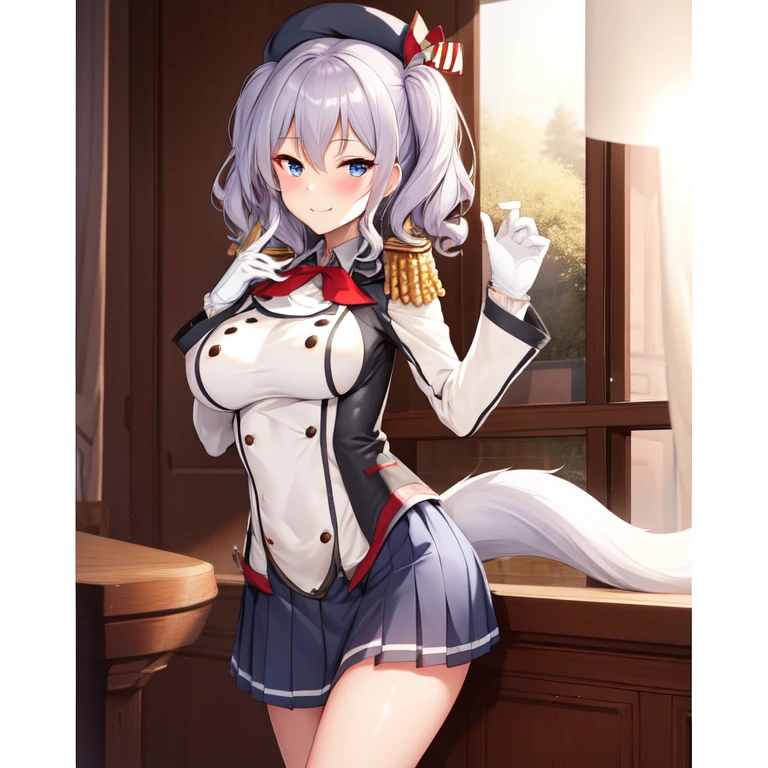 (masterpiece, best quality:1.2),Smirk,One hand touched his chest,illustration,8k,HD,1 Girl,Solitary,portrait,blush,Gray hair,blue eyes,curls,Double tail,Crane plum,Berets,Epaulettes,Ruffled sleeves,jacket,Large Breasts,Long sleeve,,mini skirt,Pleated Skirt,Red tie,White gloves,anchor,