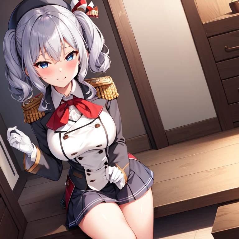 (masterpiece, best quality:1.2),Smirk,One hand touched his chest,illustration,8k,HD,1 Girl,Solitary,portrait,blush,Gray hair,blue eyes,curls,Double tail,Crane plum,Berets,Epaulettes,Ruffled sleeves,jacket,Large Breasts,Long sleeve,,mini skirt,Pleated Skirt,Red tie,White gloves,anchor,