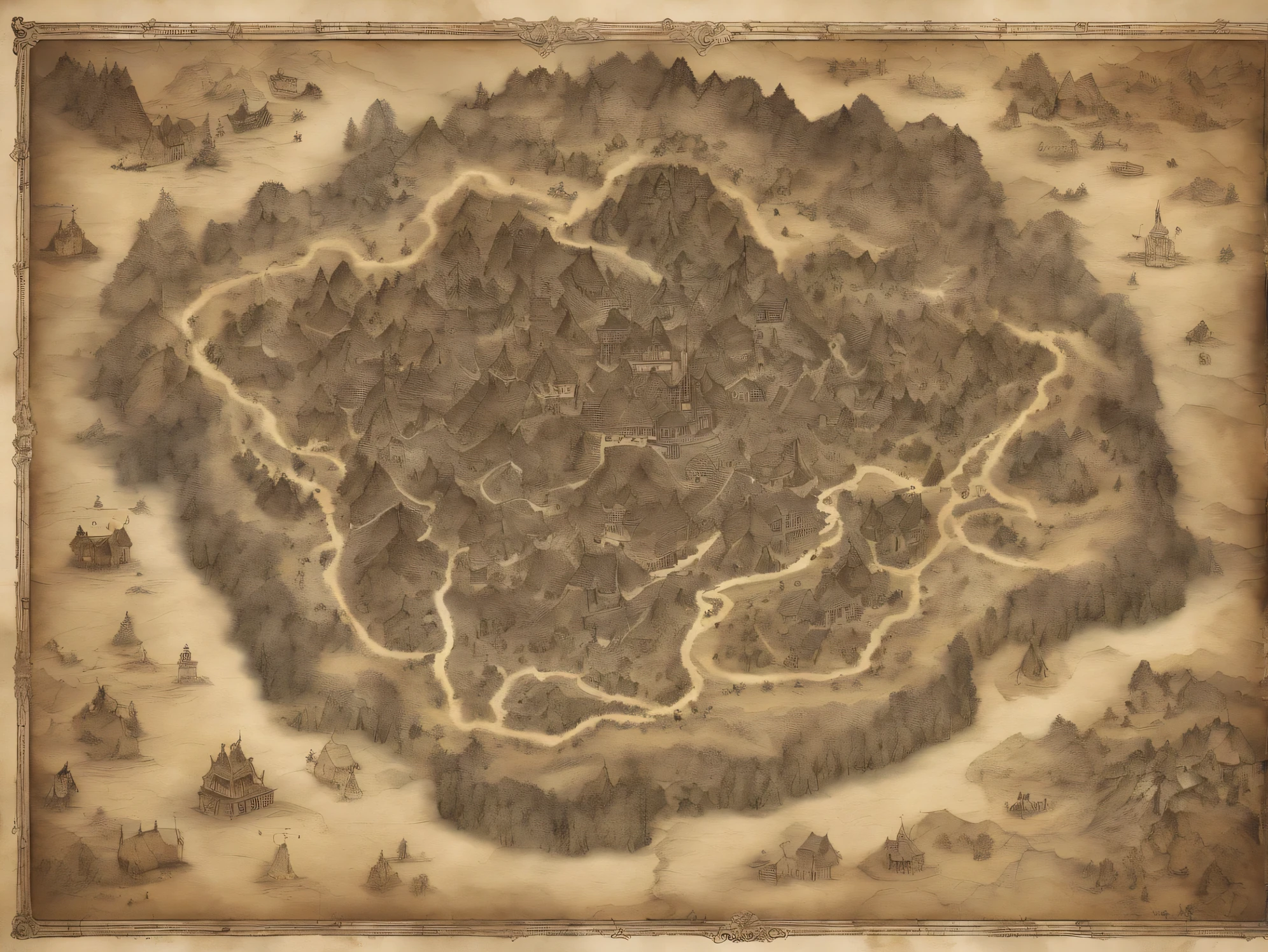 Aerial photo taken from top to bottom directly from a drone, Parchment map of the mysterious continent, (Great roots of black magic sprout from the west:1.2), (Black necrotic magic floating in the air:1.2), fire, ice and thunder, Dungeons & Dragons, final fantasy, game art, (Consistent architecture and interior design, With realistic proportions and textures, intricate details, hand drawn, vibrant, movie lights, masterpiece, 8K:1.2),Map,In the center of the map is the Holy City.