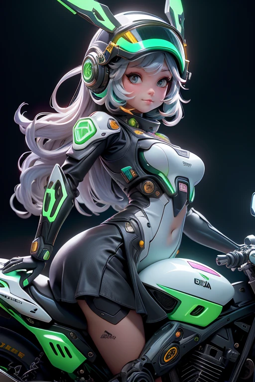 Maximum image quality, detalles sobresalientes, ultra high resolution, (realism: 1.4), the best illustration, detalles de favor, 1 chica muy condensada, con un rostro delicado y hermoso, vestido con un mecha negro y verde, usando un casco mecha, sosteniendo un controlador direccional, andar en motocicleta, The background is a high-tech lighting scene of the city of the future.