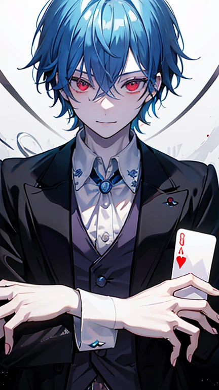 ((masterpiece, best quality)), (1boy, anime boy in Playing Card Joker Poker Card as background), (solo), (male focus), (light cyan hair),red eyes, ((pale skin)), pale skin, evil, smiling, yandere, portraits, close up, upper body, vibrant colors, soft lighting, school setting Highest image quality noise removal clear parts cinematic shadow Increased attractiveness of the eyes clear parts the shine of the eyes Draw eyelashes neatly perfect eyes detailed eyes Sharpen image quality Sharpen eye writing clear parts eye shape, with rose motif at the center with a stylized ornament))