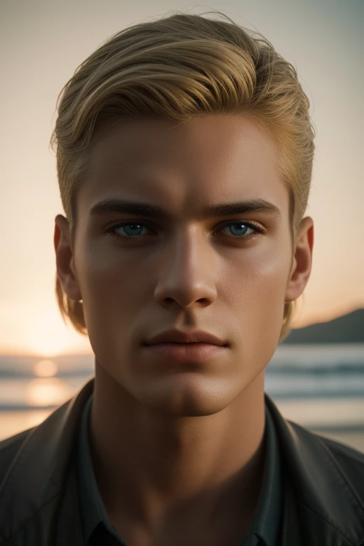 Portrait of a handsome young man, full body, beach, modeling, men's clothing, spring summer collection, white skin, extremely pale skin, blonde boy, european boy, blonde hair, (8k, RAW photo, best quality, masterpiece:1.2), (realistic, photo-realistic:1.37), ultra-detailed, (high detailed skin:1.2), 8k uhd, dslr, soft lighting, high quality, film grain, Fujifilm XT3, professional lighting, handsome 1man , (thin lips:1.3), masterpiece, pale skin,(strong jaw:1), handsome supermodel, Greek profile, young greek god, sublime beauty, delicate facial features, beautiful facial features, Greek face, strong jaw, attractive boy, , cinematographic, best quality, sharpness, focus on the boy, anatomical perfection, golden ratio, commercial, perfect symmetry, facial symmetry, body symmetry, cinematographic light, ultra detailed, cinematographic portrait, cinematographic quality, Award winning (portrait photo:1. 4), high quality, hyper realistic, 4k, realistic, backlighting, (shallow depth of field:1. 5), by lee jeffries nikon d850 film stock photograph 4 kodak portra 400 camera f1. 6 lens rich colors hyper realistic lifelike texture dramatic lighting unreal engine trending on artstation cinestill 800 (vignette:1. 3), filmgrain, artistic photography, perfect composition, beautiful detailed, cinematic perfect light