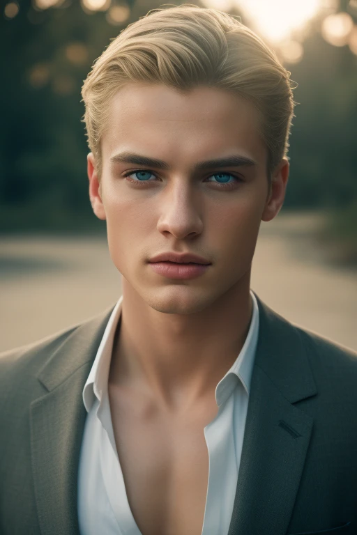 Portrait of a handsome young man, full body, beach, modeling, men's clothing, spring summer collection, white skin, extremely pale skin, blonde boy, european boy, blonde hair, (8k, RAW photo, best quality, masterpiece:1.2), (realistic, photo-realistic:1.37), ultra-detailed, (high detailed skin:1.2), 8k uhd, dslr, soft lighting, high quality, film grain, Fujifilm XT3, professional lighting, handsome 1man , (thin lips:1.3), masterpiece, pale skin,(strong jaw:1), handsome supermodel, Greek profile, young greek god, sublime beauty, delicate facial features, beautiful facial features, Greek face, strong jaw, attractive boy, , cinematographic, best quality, sharpness, focus on the boy, anatomical perfection, golden ratio, commercial, perfect symmetry, facial symmetry, body symmetry, cinematographic light, ultra detailed, cinematographic portrait, cinematographic quality, Award winning (portrait photo:1. 4), high quality, hyper realistic, 4k, realistic, backlighting, (shallow depth of field:1. 5), by lee jeffries nikon d850 film stock photograph 4 kodak portra 400 camera f1. 6 lens rich colors hyper realistic lifelike texture dramatic lighting unreal engine trending on artstation cinestill 800 (vignette:1. 3), filmgrain, artistic photography, perfect composition, beautiful detailed, cinematic perfect light