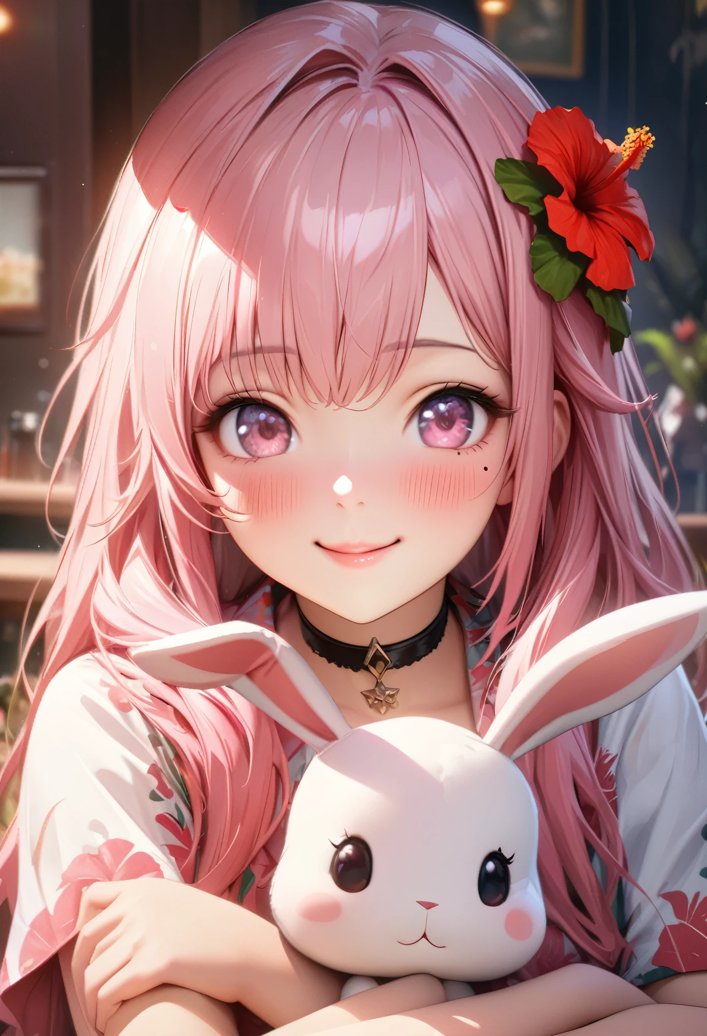 masterpiece, higst quality, highly detailed, high resolution, an high resolution, high resolution, 4k, 8k, unity 8k wallpaper, highly detailed cg, masterpiece, realistic, beautiful detail, depth, fine texture, hig hisst st quality: 1.3, total concentration, crisp skin, him, very cute anime, cute like an idol, tall pink long hair, one girl, Hawaiian dress,With the stuffed rabbit, greeting, hibiscus hair accessory, smile,morning、breakfast、 long pink hair, whole body , Mole under his eye, line sight, high, blush, lips parted, he art, pink eyes, choker