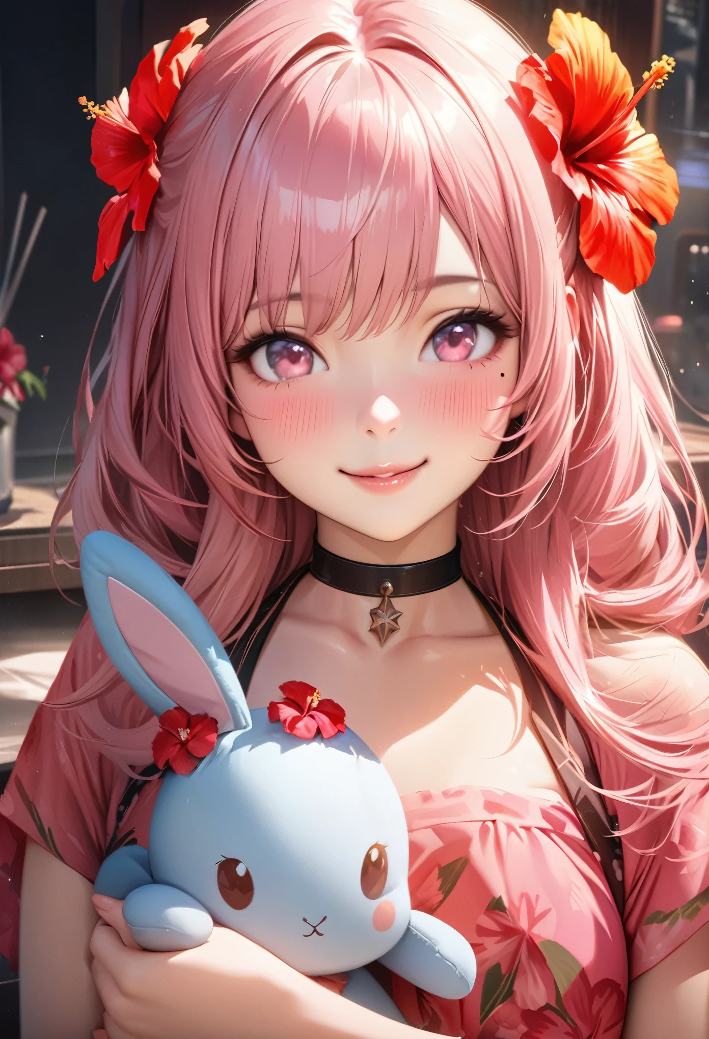 masterpiece, higst quality, highly detailed, high resolution, an high resolution, high resolution, 4k, 8k, unity 8k wallpaper, highly detailed cg, masterpiece, realistic, beautiful detail, depth, fine texture, hig hisst st quality: 1.3, total concentration, crisp skin, him, very cute anime, cute like an idol, tall pink long hair, one girl, Hawaiian dress,With the stuffed rabbit, greeting, hibiscus hair accessory, smile,morning、breakfast、 long pink hair, whole body , Mole under his eye, line sight, high, blush, lips parted, he art, pink eyes, choker