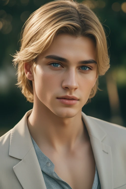 Portrait of a handsome young man, full body, beach, modeling, men's clothing, spring summer collection, white skin, extremely pale skin, blonde boy, european boy, blonde hair, (8k, RAW photo, best quality, masterpiece:1.2), (realistic, photo-realistic:1.37), ultra-detailed, (high detailed skin:1.2), 8k uhd, dslr, soft lighting, high quality, film grain, Fujifilm XT3, professional lighting, handsome 1man , (thin lips:1.3), masterpiece, pale skin,(strong jaw:1), handsome supermodel, Greek profile, young greek god, sublime beauty, delicate facial features, beautiful facial features, Greek face, strong jaw, attractive boy, , cinematographic, best quality, sharpness, focus on the boy, anatomical perfection, golden ratio, commercial, perfect symmetry, facial symmetry, body symmetry, cinematographic light, ultra detailed, cinematographic portrait, cinematographic quality, Award winning (portrait photo:1. 4), high quality, hyper realistic, 4k, realistic, backlighting, (shallow depth of field:1. 5), by lee jeffries nikon d850 film stock photograph 4 kodak portra 400 camera f1. 6 lens rich colors hyper realistic lifelike texture dramatic lighting unreal engine trending on artstation cinestill 800 (vignette:1. 3), filmgrain, artistic photography, perfect composition, beautiful detailed, cinematic perfect light, focus outfit, focus clothes, focus boy