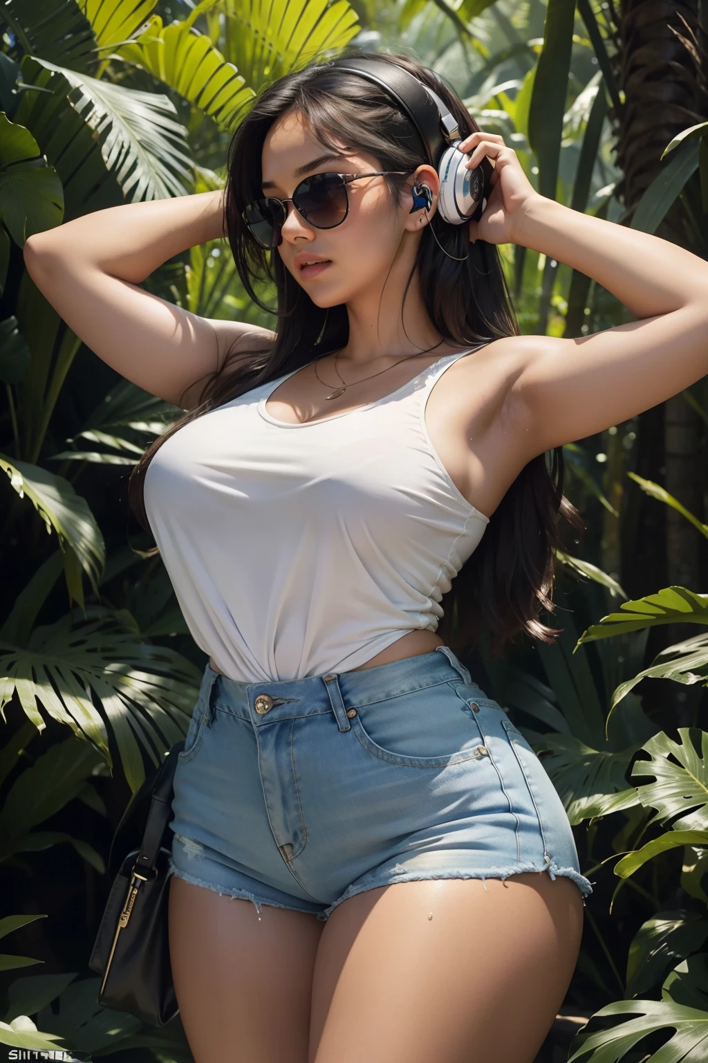 Amidst the lush forest, a young woman with a captivating curvy figure gracefully strolls at 2 pm. Her body is accentuated by a tightly-fitted white ceda top shirt, revealing her toned feminine legs that are exposed from the mini jean shorts she dons. The sun casts a natural, radiant tan on her skin, enhancing her allure. Shielding her eyes from the bright afternoon sun, she wears sunglasses, while a pair of headphones adorn her ears, signifying her immersion in her favored tunes. Sweat trickles down her figure, hinting at the invigorating sensation of the warm yet comfortable