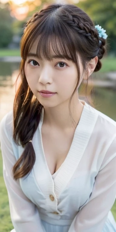 1 Japanese female, 30 years old, Very beautiful, (very cute), (Very detailed美しい顔), Great face and eyes,(Flower Hair Ornaments,Braided top knot,Twisted Side Part Ponytail Braided Headband,Half Up、Braided Space Van,Voluminous fishtail braid,Twisted pan),(Asymmetrical bangs),, My eyes got a little brighter, Dolly Makeup, (Tight white see-through blouse)、(Loose knit cardigan(Cream:1.2))、(Micro Mini Skirt(Light blue)), (highest quality:1.4), (Very detailed), Very detailed CG 統合 8k 壁紙, Surreal, (Photorealistic:1.4), Raw photo, Professional photography, Cinema Lighting, Realistic portraits,  (Depth of written boundary:1.4), (View Photographer:1.3), (In a park with a pond),Glamorous Beauty、 (Large Breasts:1.2)、Cleavage、Voluptuous thighs、 (Whole Body Ezbian), Accurate Eyes, Beautiful mouth, (Keep your mouth completely closed), (evening:1.3), (Looking at the camera), (Amazing sunset:1.25), A smile that makes people happy、A photo showing you from head to knees