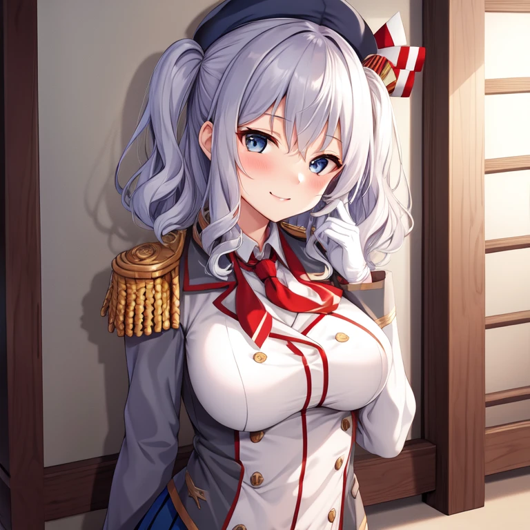 (masterpiece, best quality:1.2),Evil Smile,One hand touched her chest,illustration,8k,HD,1 Girl,Solitary,Upper Body,portrait,blush,Gray hair,blue eyes,curls,Double tail,Crane plum,Berets,Epaulettes,Ruffled sleeves,jacket,Large Breasts,Long sleeve,,mini skirt,Pleated Skirt,Red necktie,White gloves,anchor,