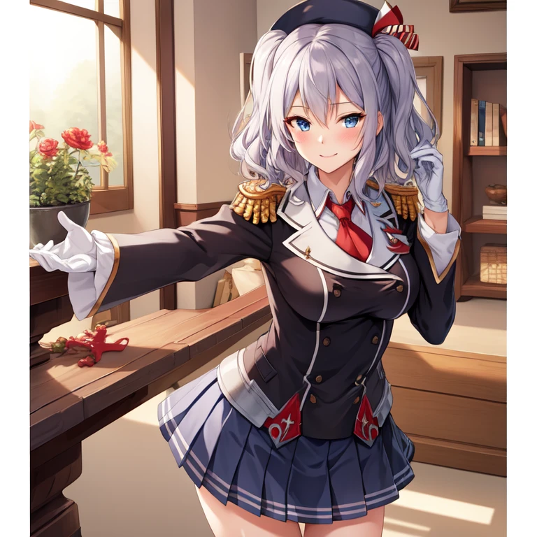 (masterpiece, best quality:1.2),Evil Smile,One hand touched her chest,illustration,8k,HD,1 Girl,Solitary,Upper Body,portrait,blush,Gray hair,blue eyes,curls,Double tail,Crane plum,Berets,Epaulettes,Ruffled sleeves,jacket,Large Breasts,Long sleeve,,mini skirt,Pleated Skirt,Red necktie,White gloves,anchor,