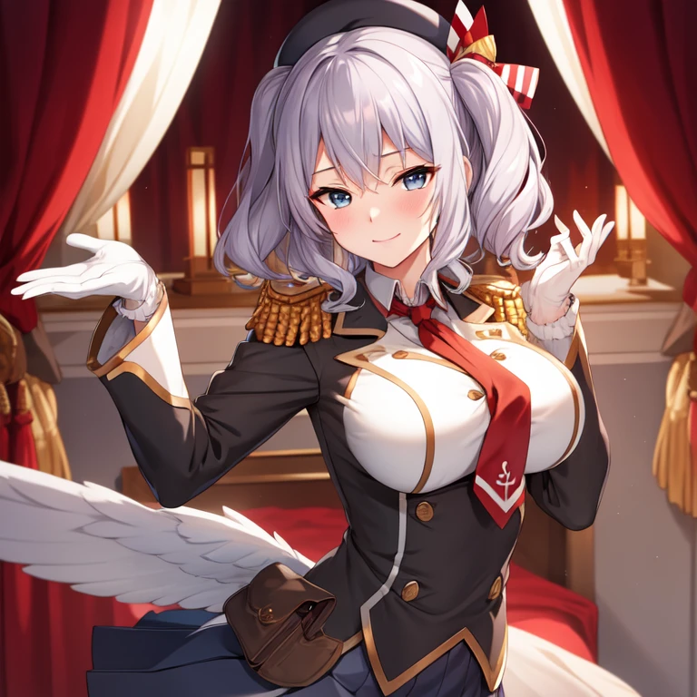 (masterpiece, best quality:1.2),giggle,A hand touched his chest,illustration,8k,HD,1 girl,solitary,portrait,blush,White hair,blue eyes,curls,Double tail,Crane plum,Berets,Epaulettes,Ruffled sleeves,jacket,Large Breasts,Long sleeve,,mini skirt,Pleated Skirt,Red tie,White gloves,anchor,Solid color background