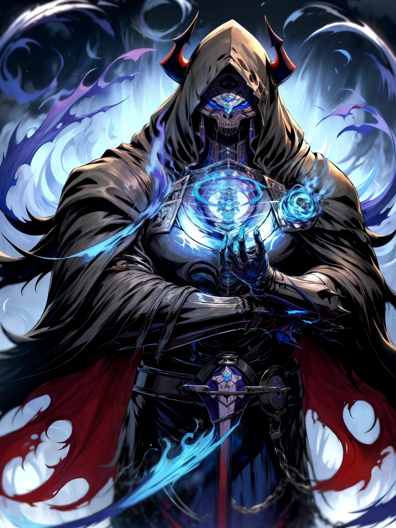 ha sang,1boy,king hassan \(fate\),horns,mask,male focus,solo,hood,hood up,cloak,upper body,looking at viewer,black cloak,(masterpiece), (best quality), HDR, intricate detail,