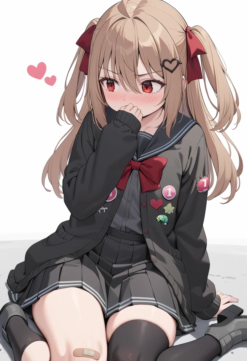 1girl, evil neuro-sama, red eyes, light brown hair, ahoge, two side up, hair ribbon, dark red ribbon, heart hair ornament, black cardigan, open cardigan, black sailor collar, long sleeves, red bow, heart, button badge, star \(symbol\), drone, the number "1" on a badge, turtle, black skirt, pleated skirt, asymmetrical legwear, black thighhighs, black kneehighs, bandaid on knee, grey footwear, loafers, (masterpiece, best quality), highly detailed, finely detailed, blushing, shy, looking away, hand covering mouth