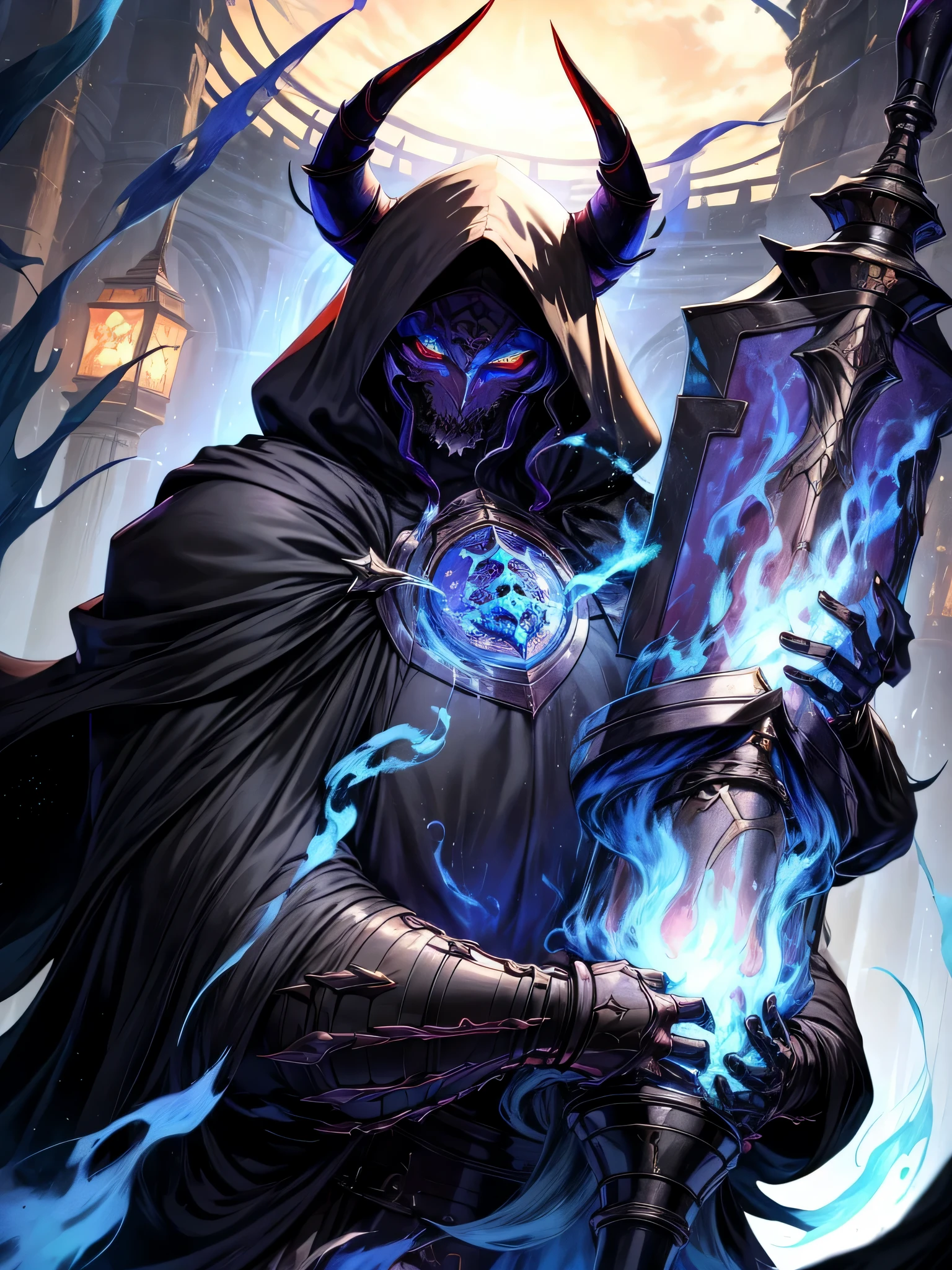 ha sang,1boy,king hassan \(fate\),horns,mask,male focus,solo,hood,hood up,cloak,upper body,looking at viewer,black cloak,(masterpiece), (best quality), HDR, intricate detail,