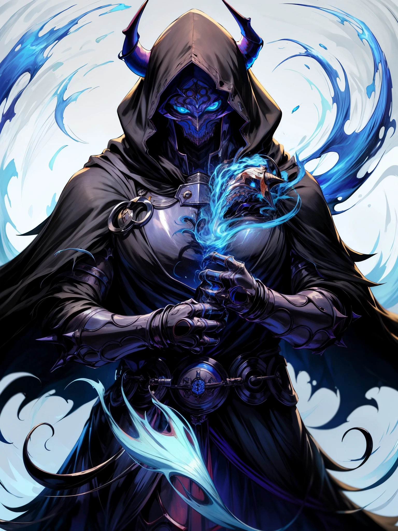 ha sang,1boy,king hassan \(fate\),horns,mask,male focus,solo,hood,hood up,cloak,upper body,looking at viewer,black cloak,(masterpiece), (best quality), HDR, intricate detail,