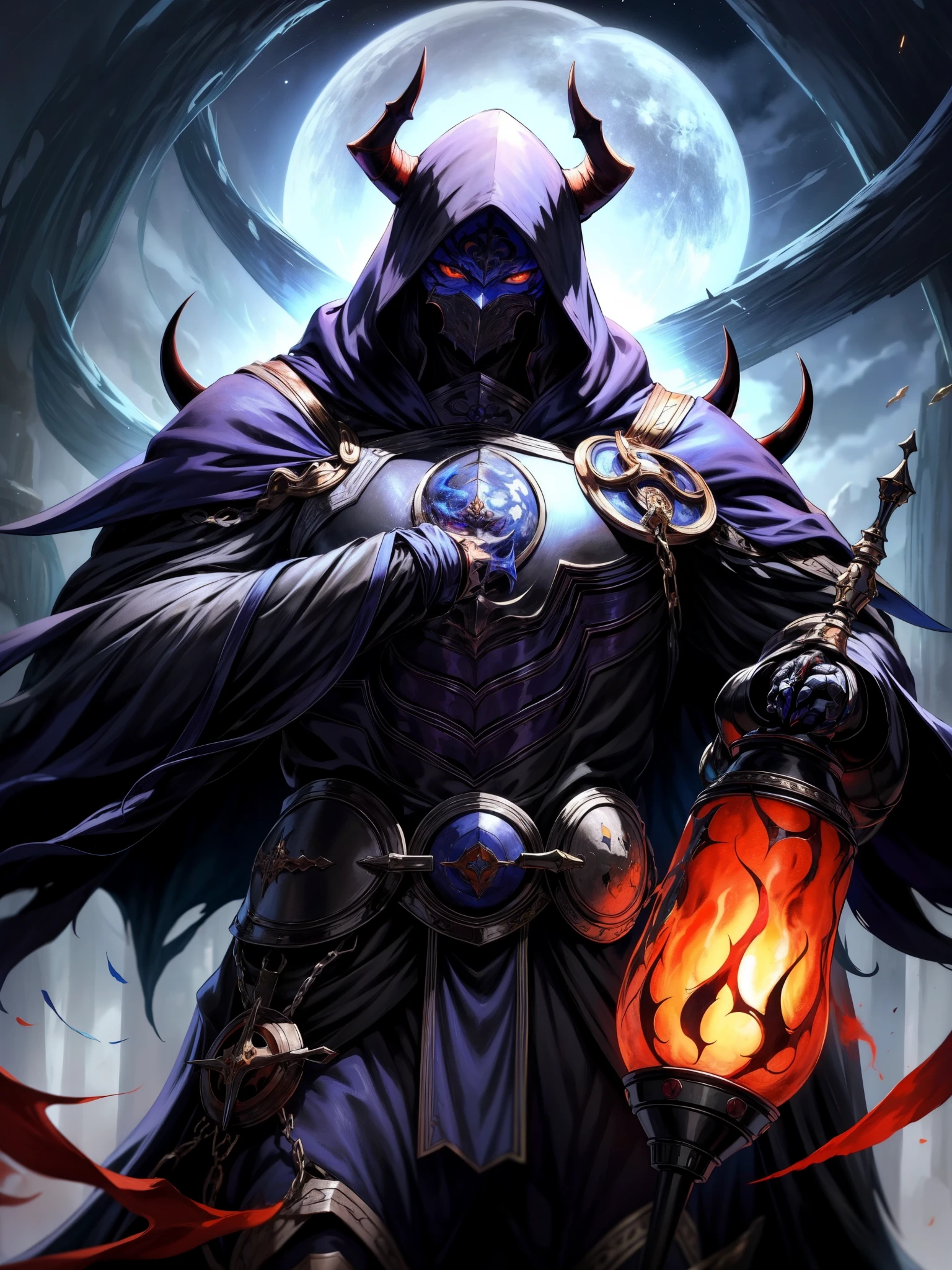 ha sang,1boy,king hassan \(fate\),horns,mask,male focus,solo,hood,hood up,cloak,upper body,looking at viewer,black cloak,(masterpiece), (best quality), HDR, intricate detail,