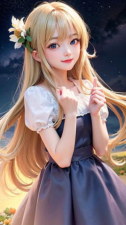 (highest quality, masterpiece), One girl, Pause, particle, Wind, flower, Upper Body, Simple Background, View your viewers, blonde, Milky Way,smile、long hair、milky way