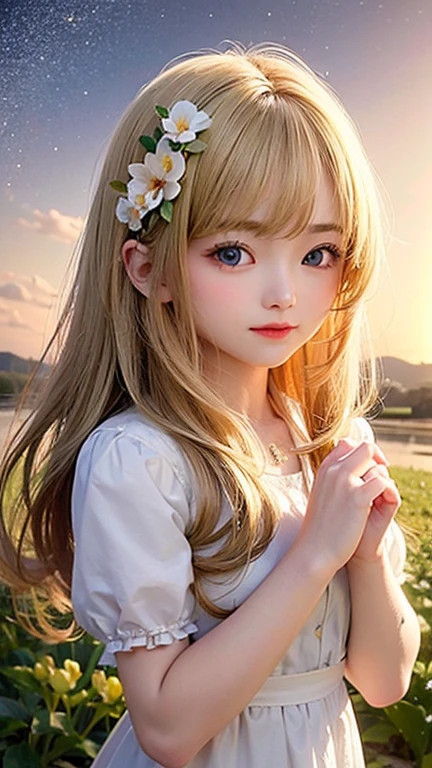 (highest quality, masterpiece), One girl, Pause, particle, Wind, flower, Upper Body, Simple Background, View your viewers, blonde, Milky Way,smile、long hair、milky way