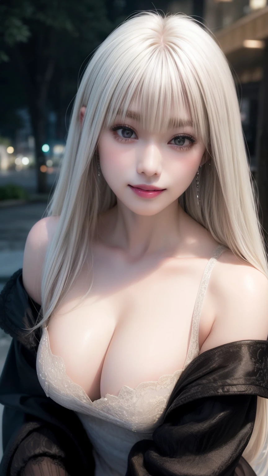 ((Large Breasts))、Upper body photo、Take close-up photos of your face、Fair skin、Great light、Beautiful lighting、((Platinum Blonde Hair:1.2))、((Straight hair))、Blunt bangs、Detailed embroidery、Black dress、Off-the-shoulder jacket、Gorgeous Accessories、Knee-high socks、Full moon night、Outdoor Background、smile、Cute Smile