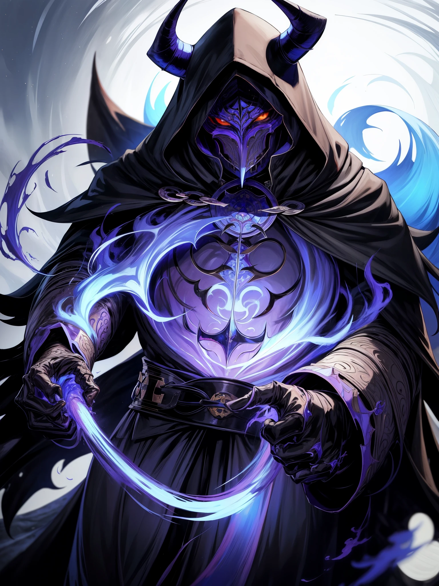 ha sang,1boy,king hassan \(fate\),horns,mask,male focus,solo,hood,hood up,cloak,upper body,looking at viewer,black cloak,(masterpiece), (best quality), HDR, intricate detail,