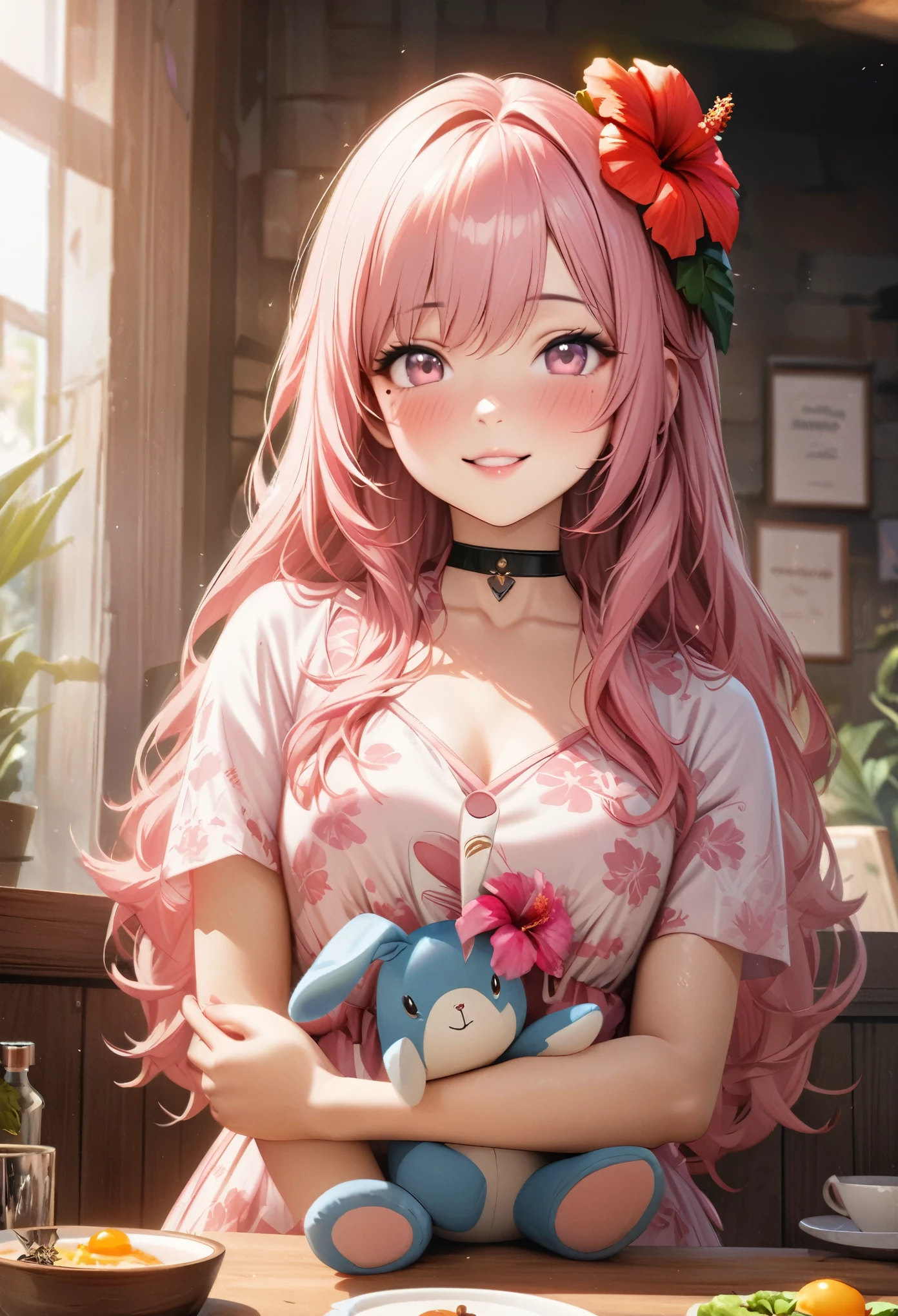 masterpiece, highest quality, Very detailed, High resolution, An expensive solution, High resolution, 4K, 8k, unity 8k wallpaper, Very detailed CG, masterpiece, 2D, 3D, Beautiful details, depth, Fine texture, highest quality: 1.3, Total concentration, Crisp skin, he, Very cute anime rabbit, A cute rabbit like an idol, expensive pink long hair, One Girl, Aloha One Piece, afternoon、coffee、Cafe, hibiscus hair accessory, Smiling long pink hair, whole body, Mole under the eye, Line Sight, expensive, blush, Lips parted, heart, Pink Eyes, choker