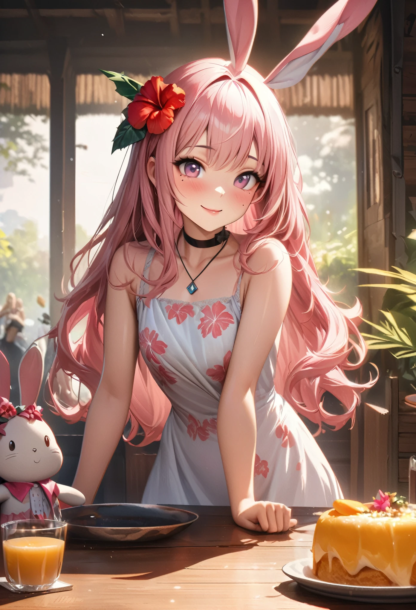 masterpiece, higst quality, highly detailed, high resolution, an high resolution, high resolution, 4k, 8k, unity 8k wallpaper, highly detailed cg, masterpiece, realistic, beautiful detail, depth, fine texture, hig hisst st quality: 1.3, total concentration, crisp skin, him, very cute anime, cute like an idol, tall pink long hair, one girl, Hawaiian dress,With the stuffed rabbit, greeting, hibiscus hair accessory, smile,morning、breakfast、 long pink hair, whole body , Mole under his eye, line sight, high, blush, lips parted, he art, pink eyes, choker